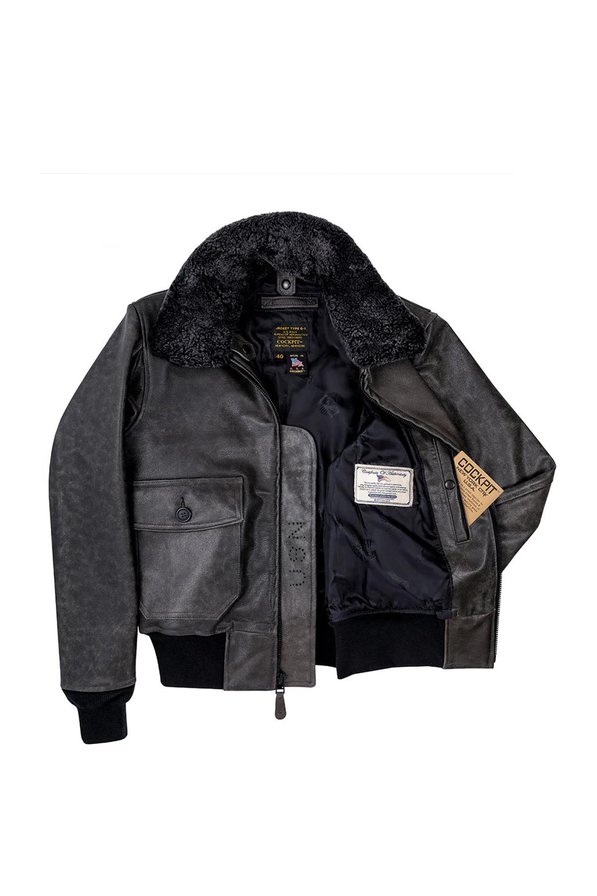 Aged leather aviator jacket with fur collar - Image n°10
