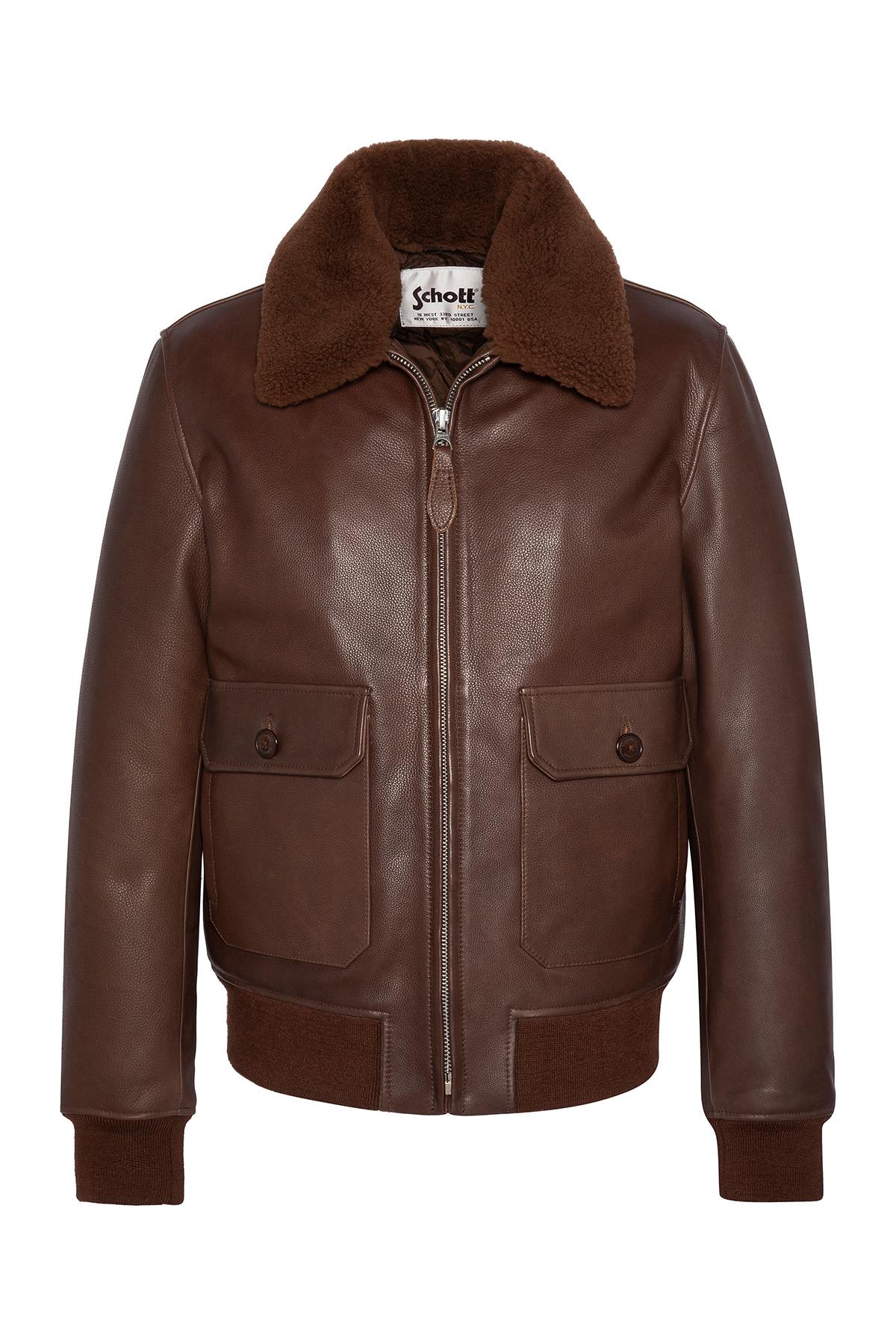 Schott's brown cowhide aviator jacket: removable collar, zip closure. - Image n°6