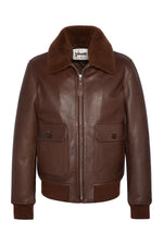 Schott's brown cowhide aviator jacket: removable collar, zip closure. - Image n°6