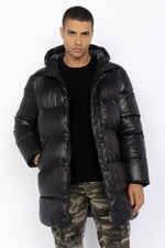 Black long quilted down jacket with hood - Image n°3