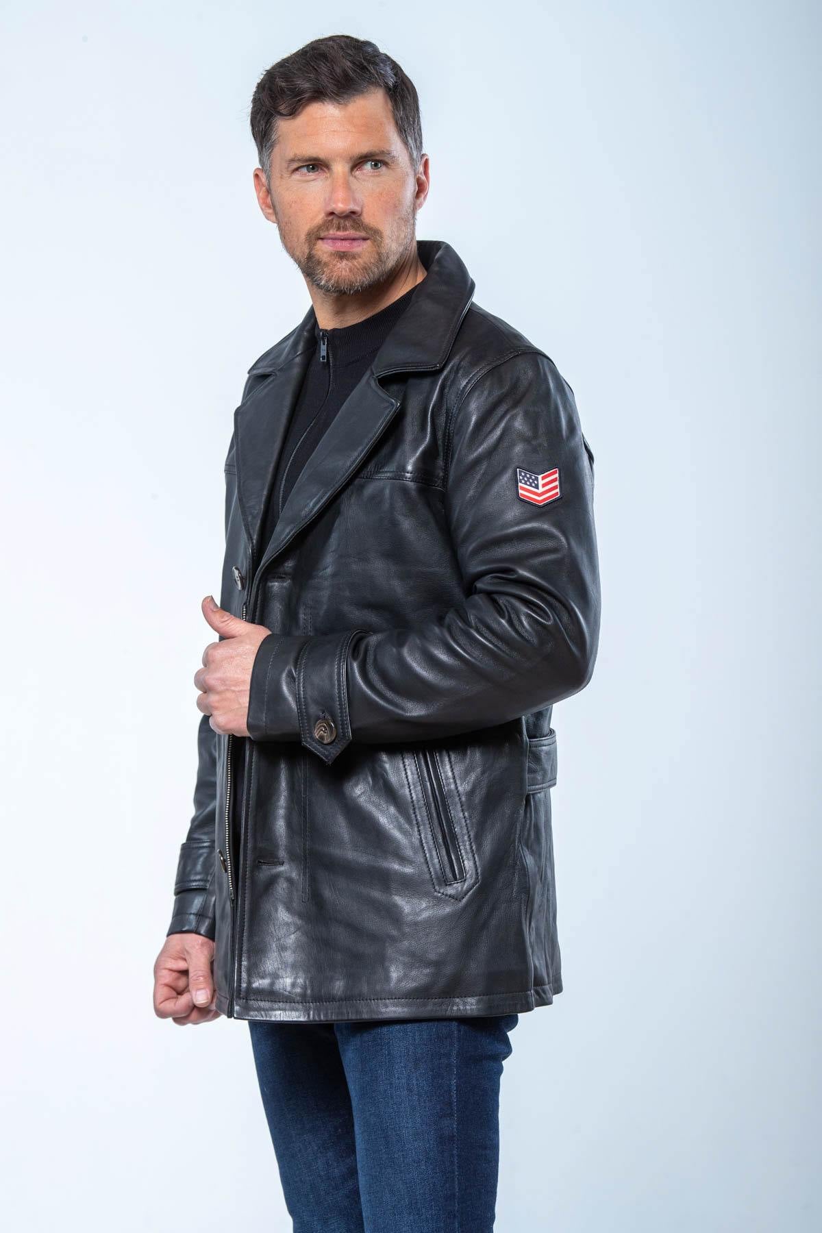 Matte black sheep leather jacket, straight fit. Steve McQueen's mark. - Image n°3