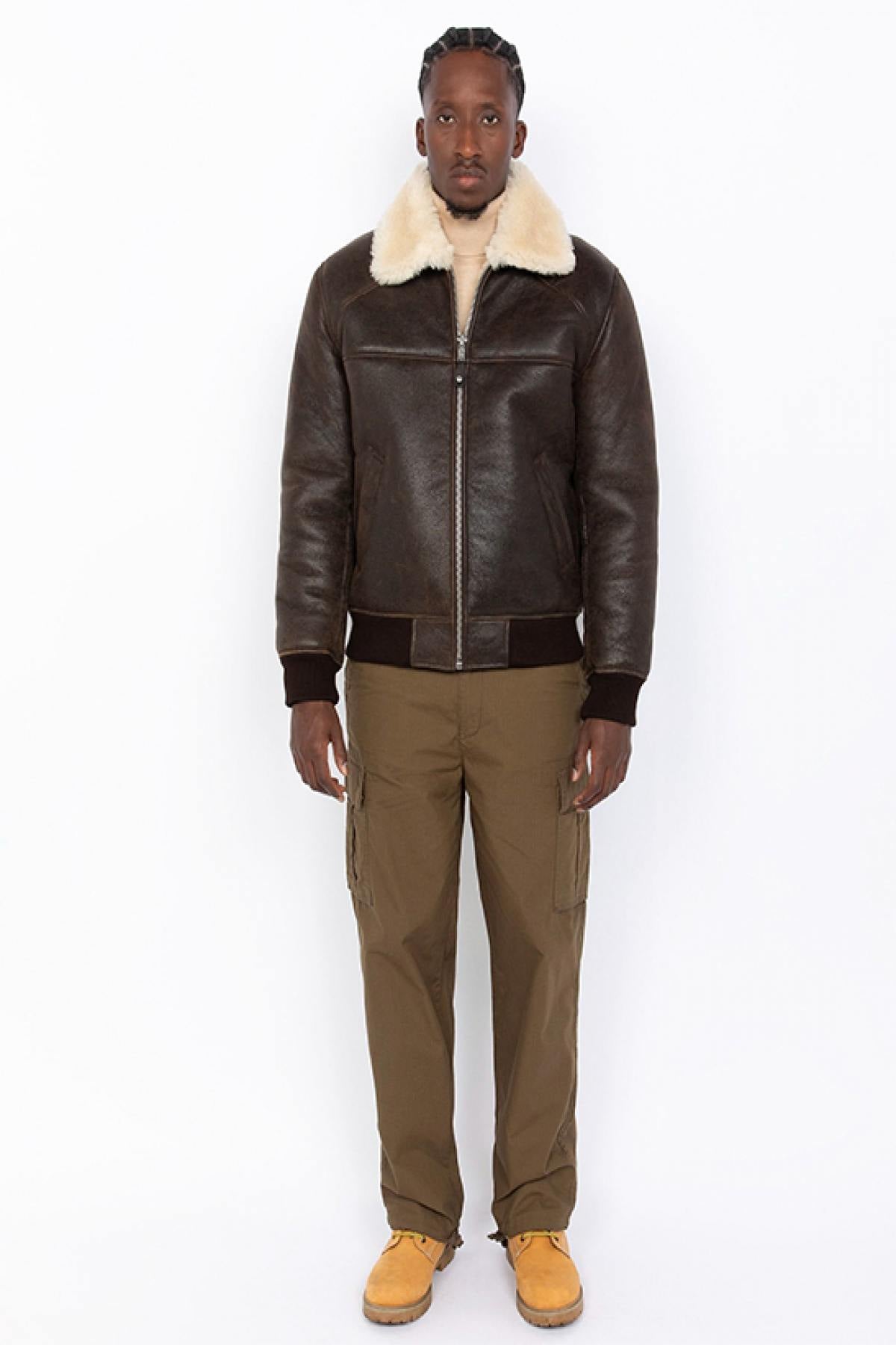 Schott's brown aviator in reversed sheep leather. Fur collar, warm. - Image n°7