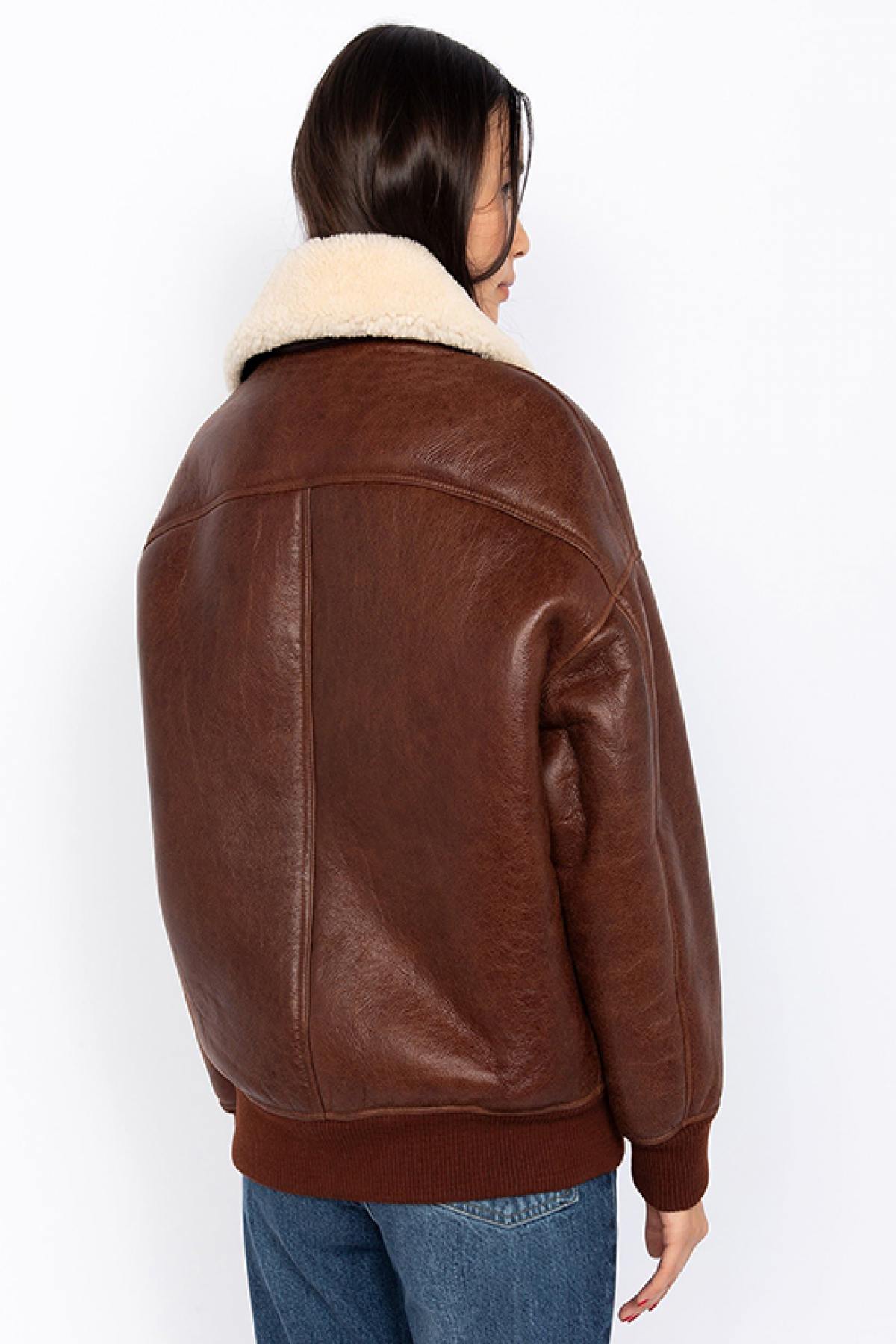 Double-faced moka sheepskin bomber by Schott. Oversized and cosy. - Image n°3