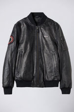 Black leather bomber jacket with sleeve patch - Image n°8