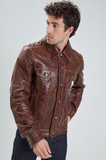 Sturdy brown leather shirt-collar jacket - Image n°2