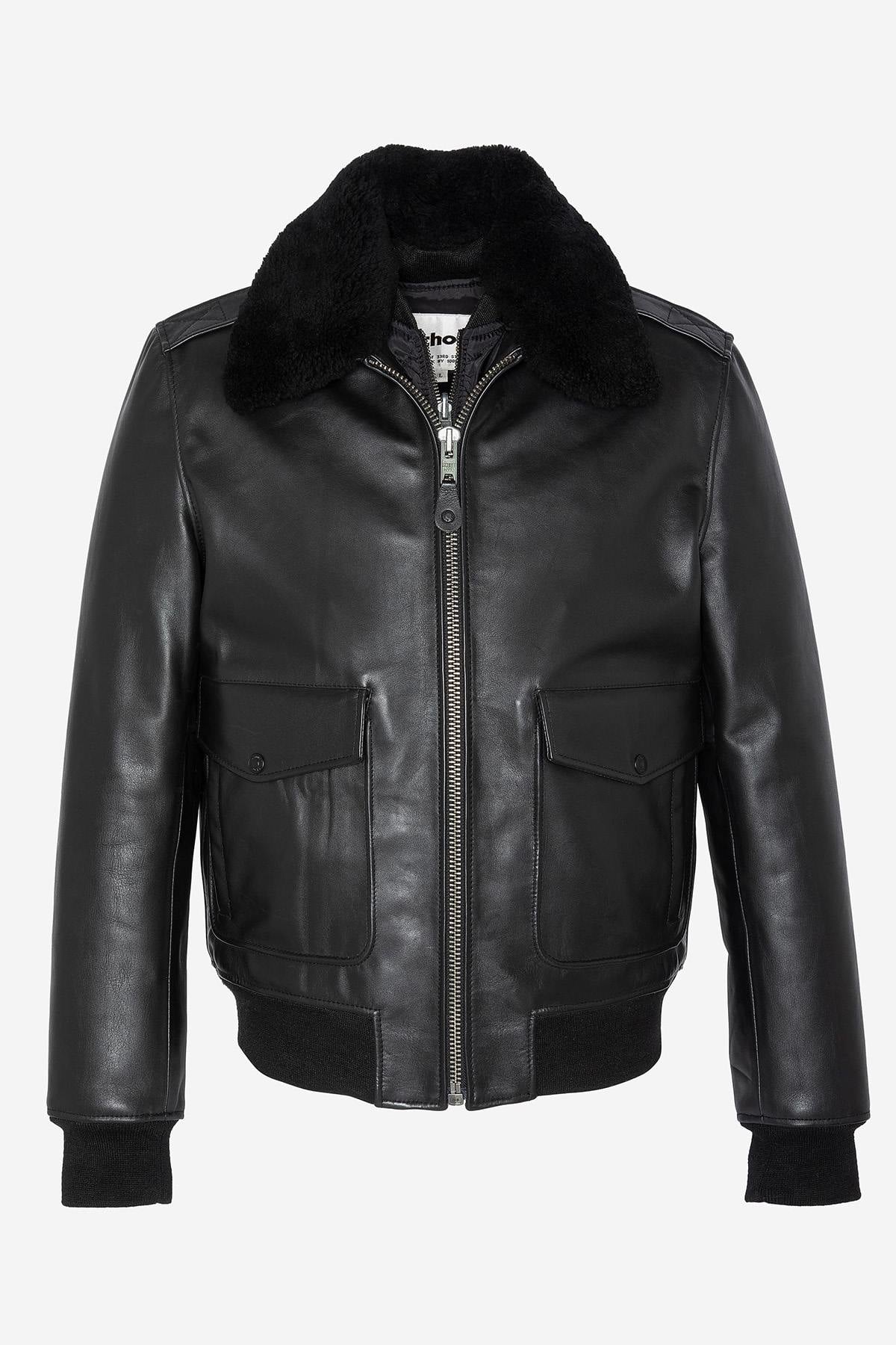 Schott's thick cowhide aviator jacket with removable shearling collar. - Image n°8