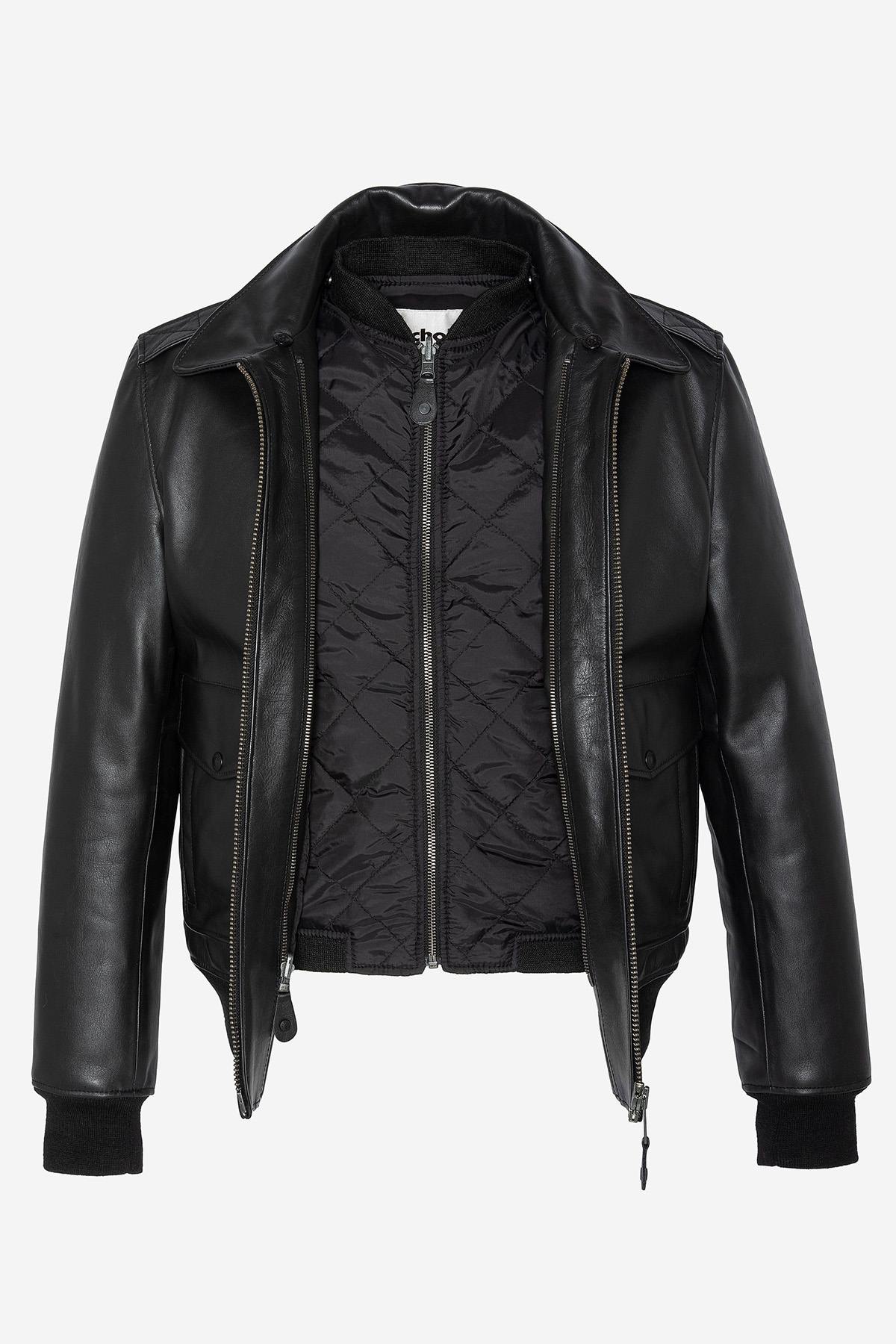 Schott's thick cowhide aviator jacket with removable shearling collar. - Image n°9