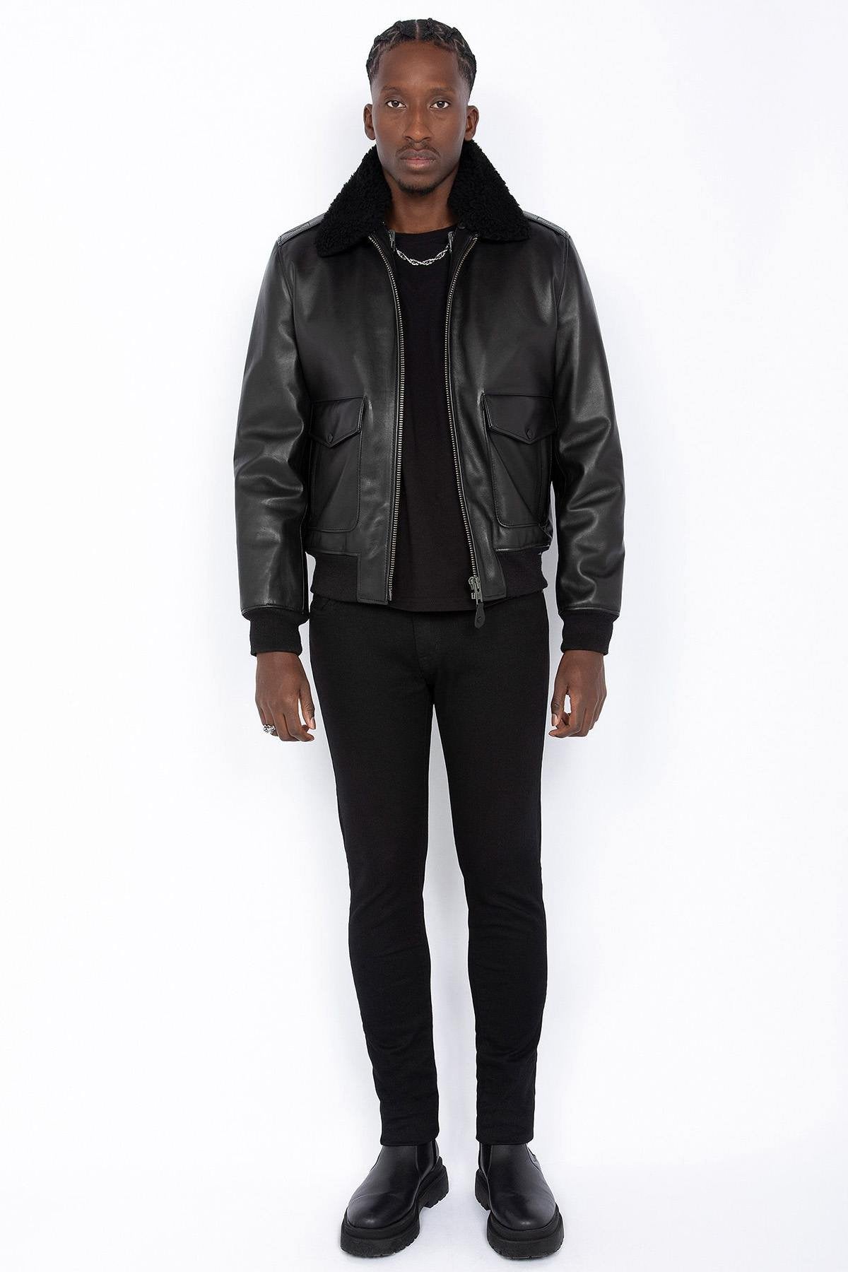 Schott's thick cowhide aviator jacket with removable shearling collar. - Image n°11