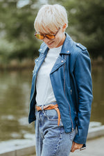 Blue water lambskin perfecto with floral lining and . - Image n°14