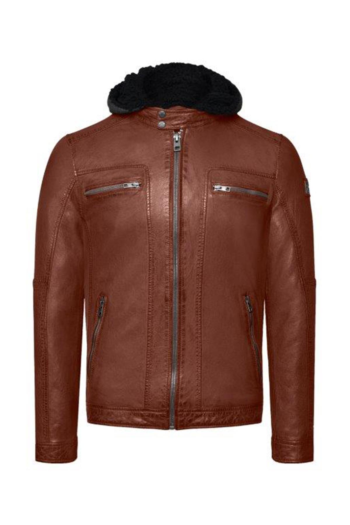 Port-colored leather jacket with removable hood - Image n°9