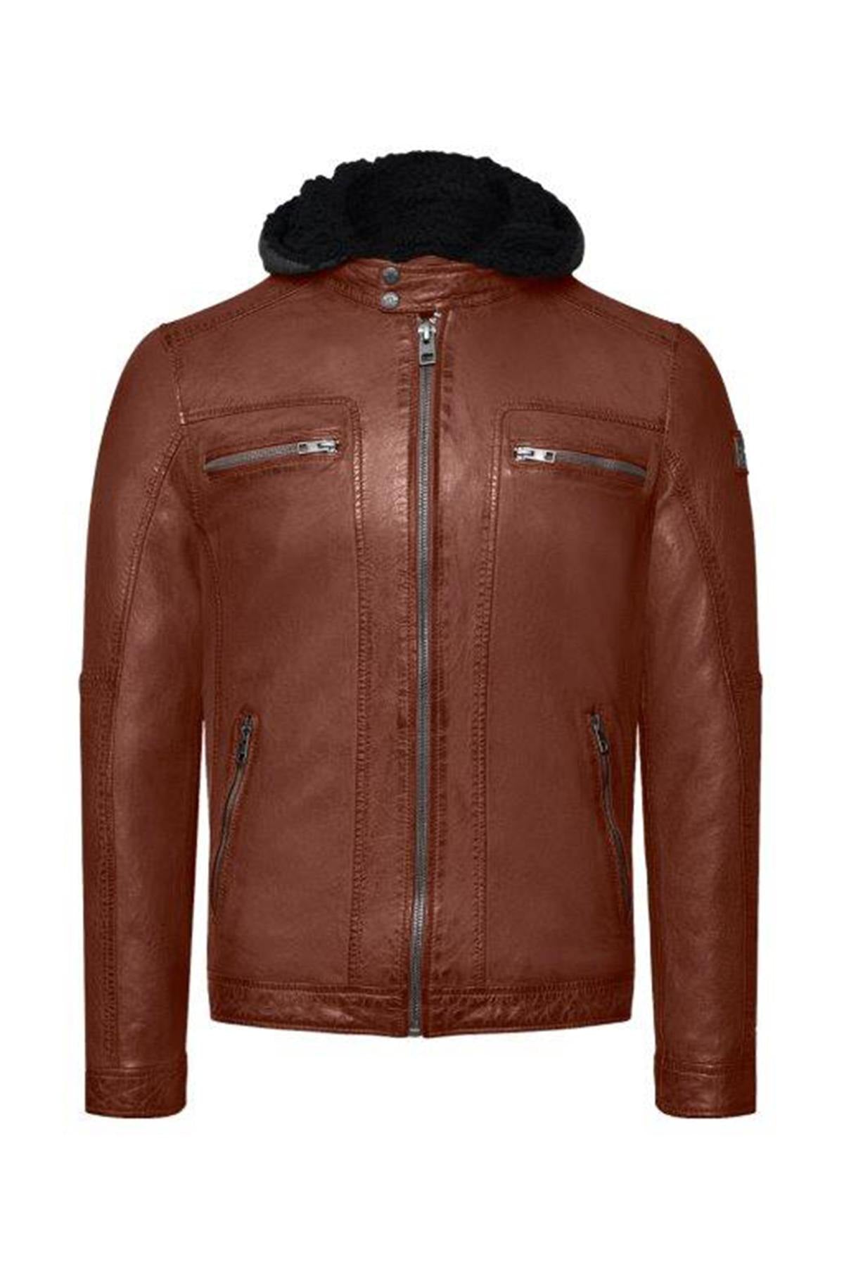 A maroon sheepskin leather jacket with zip front and removable hood. - Image n°9