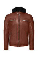 A maroon sheepskin leather jacket with zip front and removable hood. - Image n°9