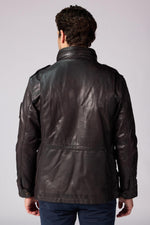 Mid-length dark brown leather jacket with stand-up collar - Image n°3