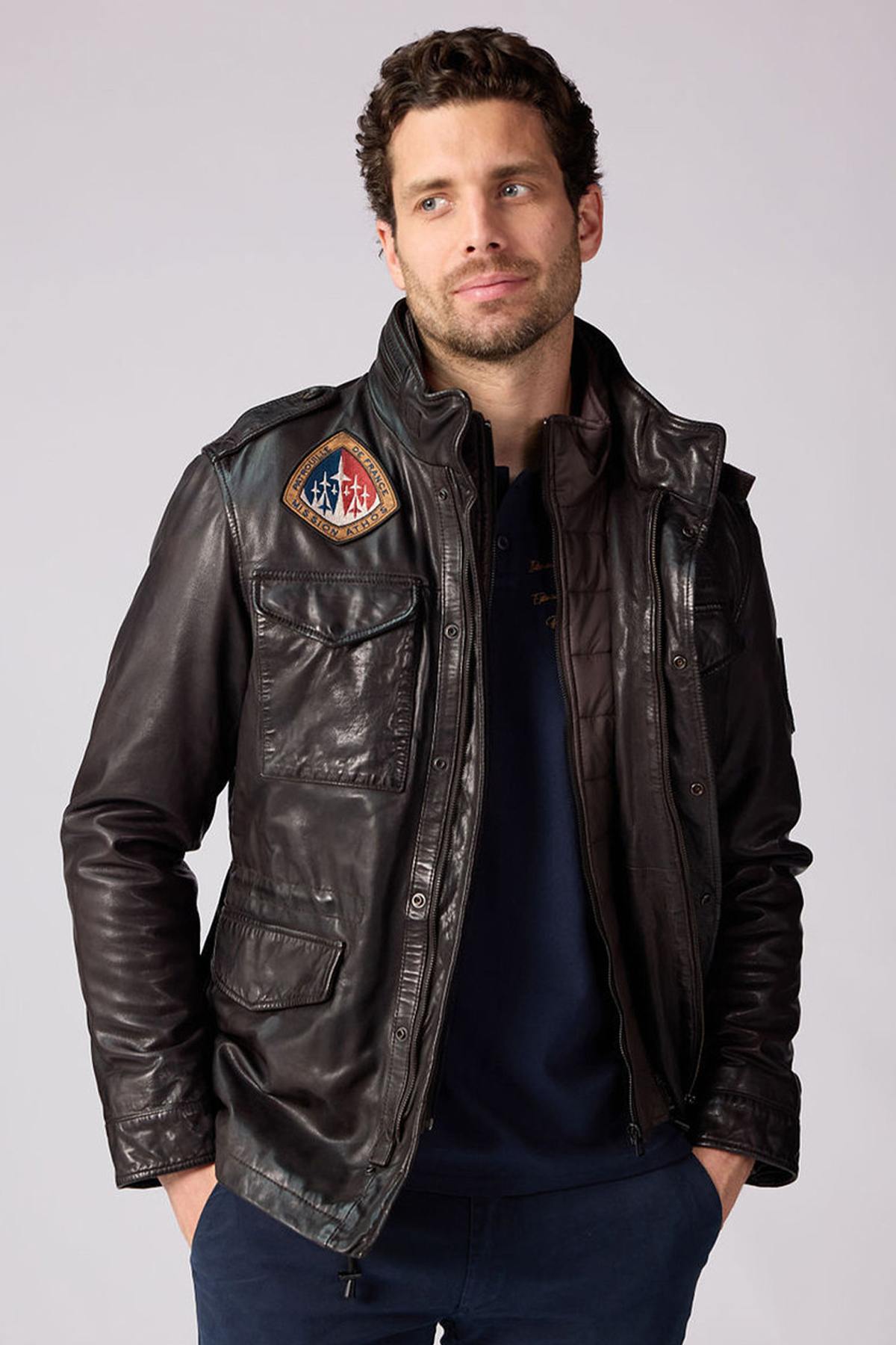 Dark brown lambskin jacket with military roots and French elegance. - Image n°1