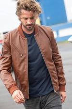 Slim lambskin bomber with moto collar and Patrouille de France patch. - Image n°1