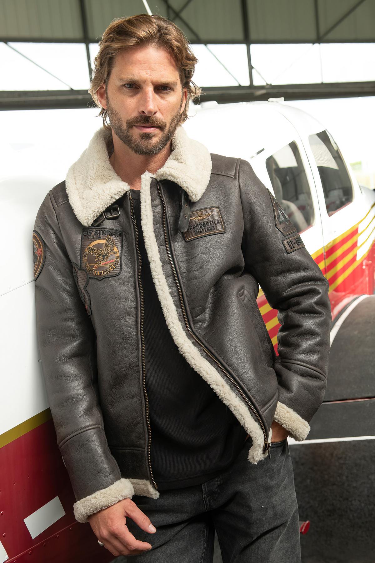 Italian anthracite shearling bomber, wool-lined for winter warmth. - Image n°6