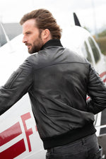Black leather bomber jacket with sleeve patch - Image n°6