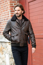 Dark brown lambsheep leather aviator with vegan fur collar. - Image n°4