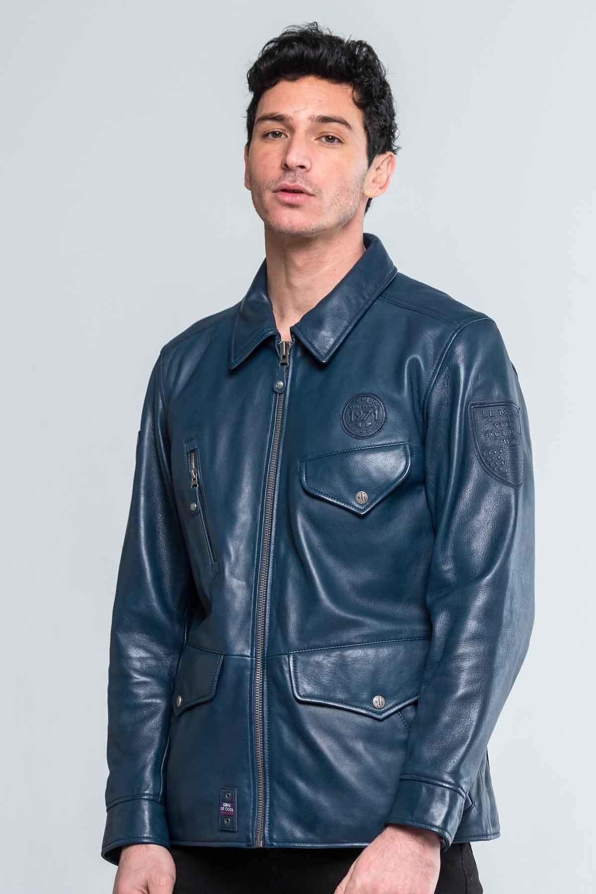 Royal blue shirt collar leather jacket - Image n°4