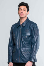 Royal blue shirt collar leather jacket - Image n°4