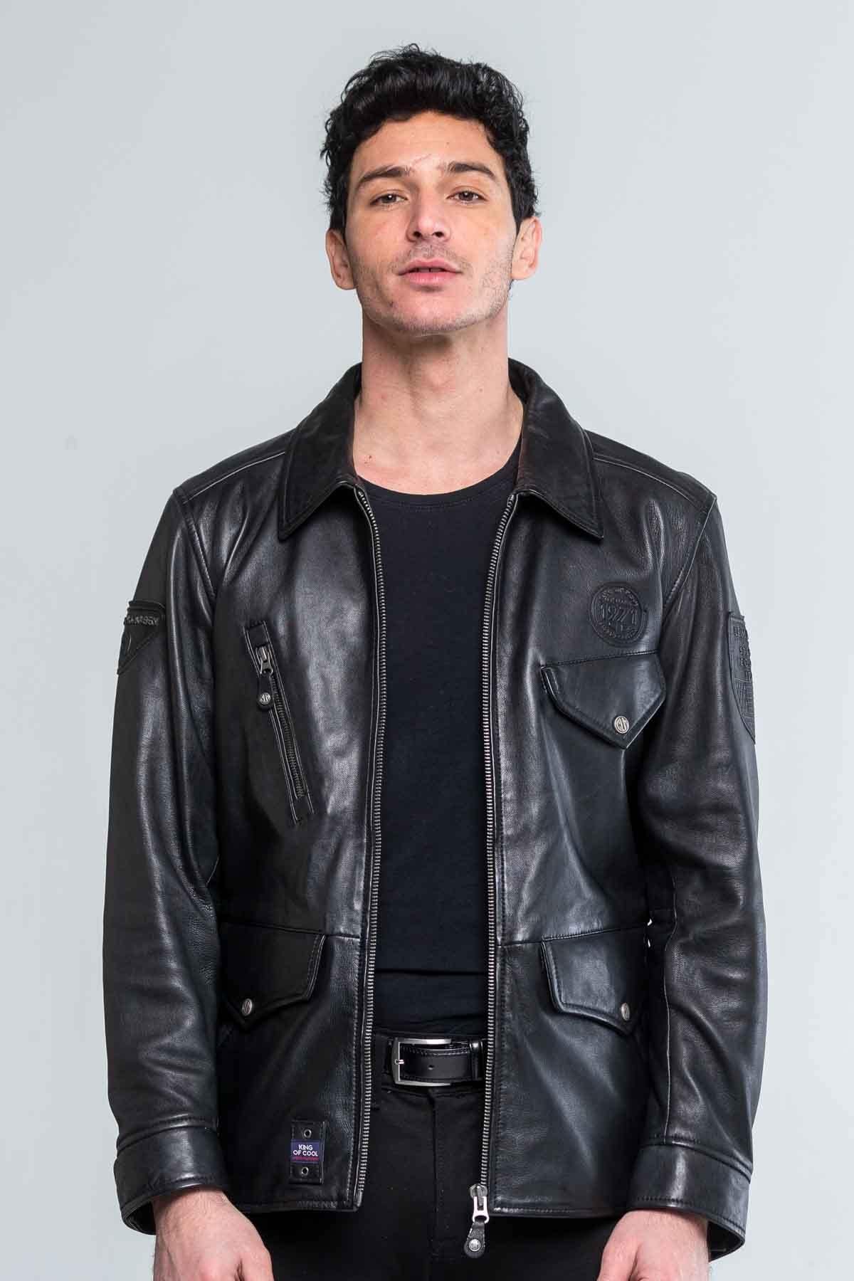 Slim black sheep leather jacket, Steve McQueen-inspired racing design. - Image n°1