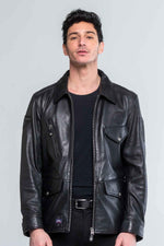Slim black sheep leather jacket, Steve McQueen-inspired racing design. - Image n°1