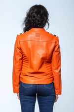 MARYLIN: orange sheepskin jacket with a biker collar and relaxed fit. - Image n°3