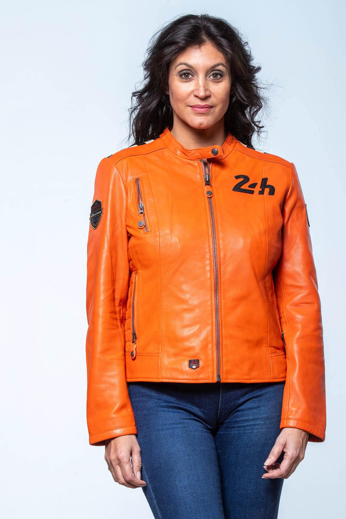 MARYLIN: orange sheepskin jacket with a biker collar and relaxed fit. - Image n°2