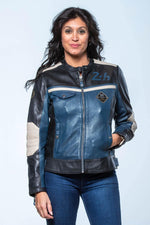 Royal blue, black and ecru biker collar leather jacket - Image n°1