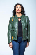 Kaki sheepskin leather jacket with a biker collar and regular fit. - Image n°4