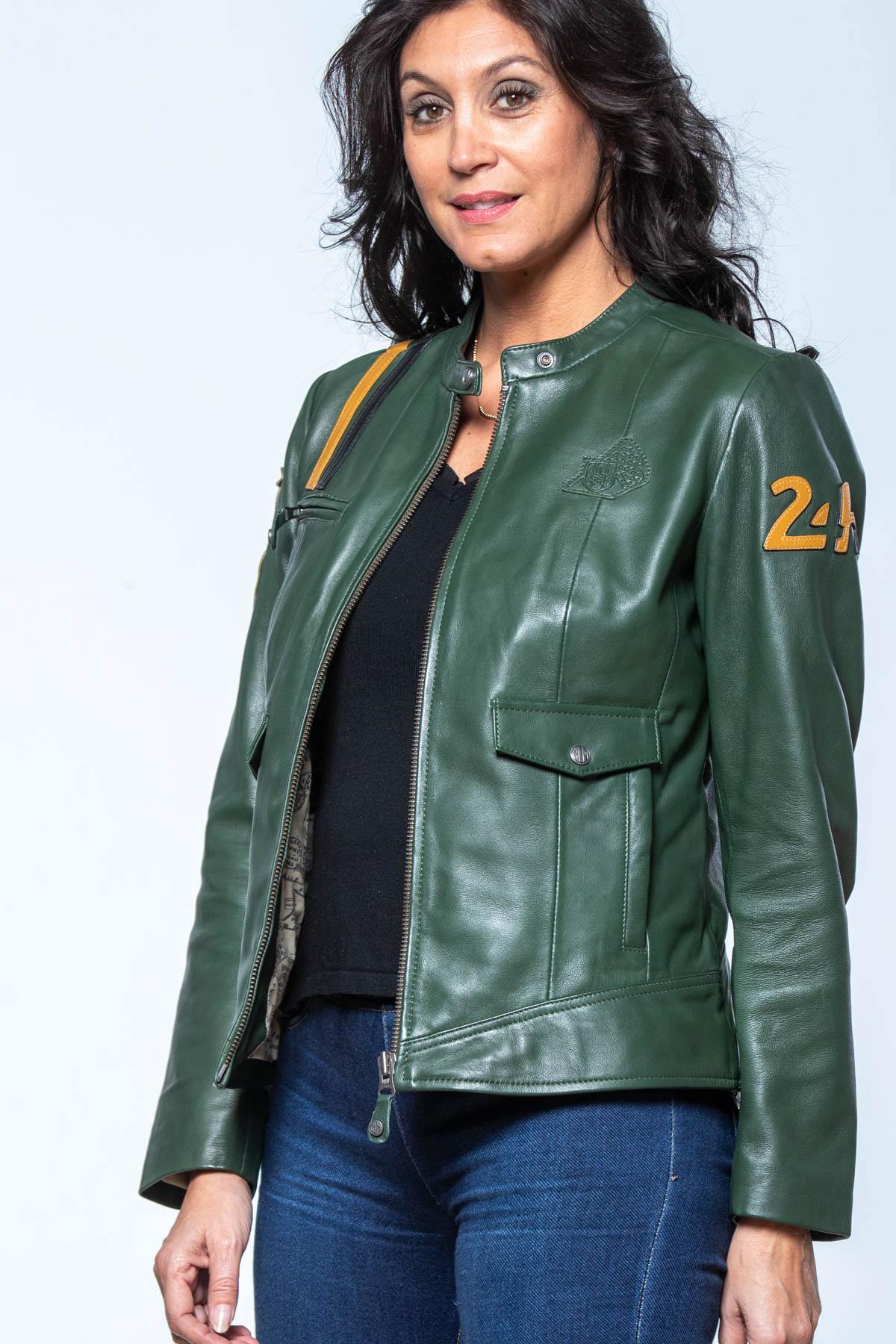 Kaki sheepskin leather jacket with a biker collar and regular fit. - Image n°1