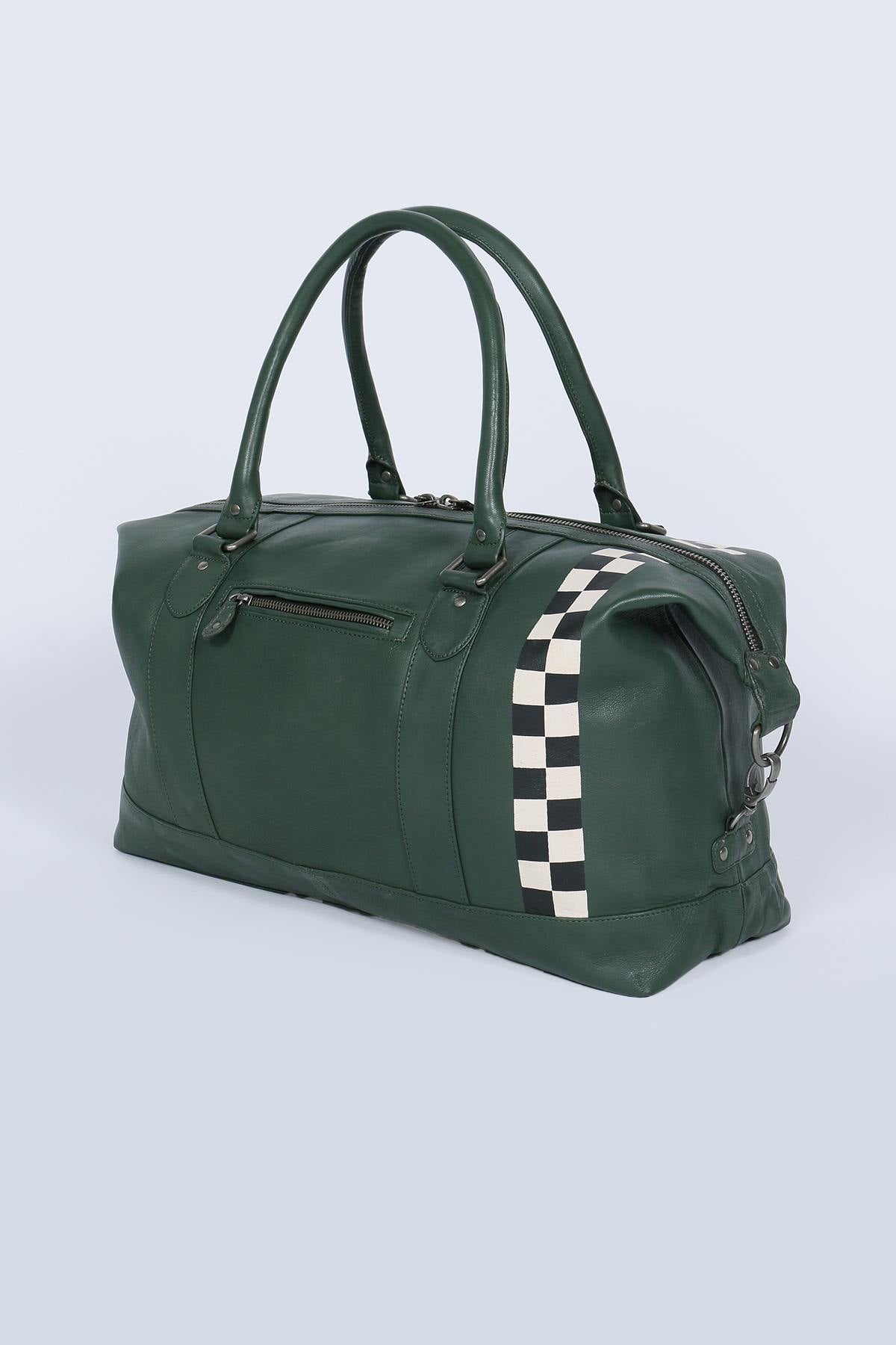 Green leather travel bag with racing checkerboard - Image n°6