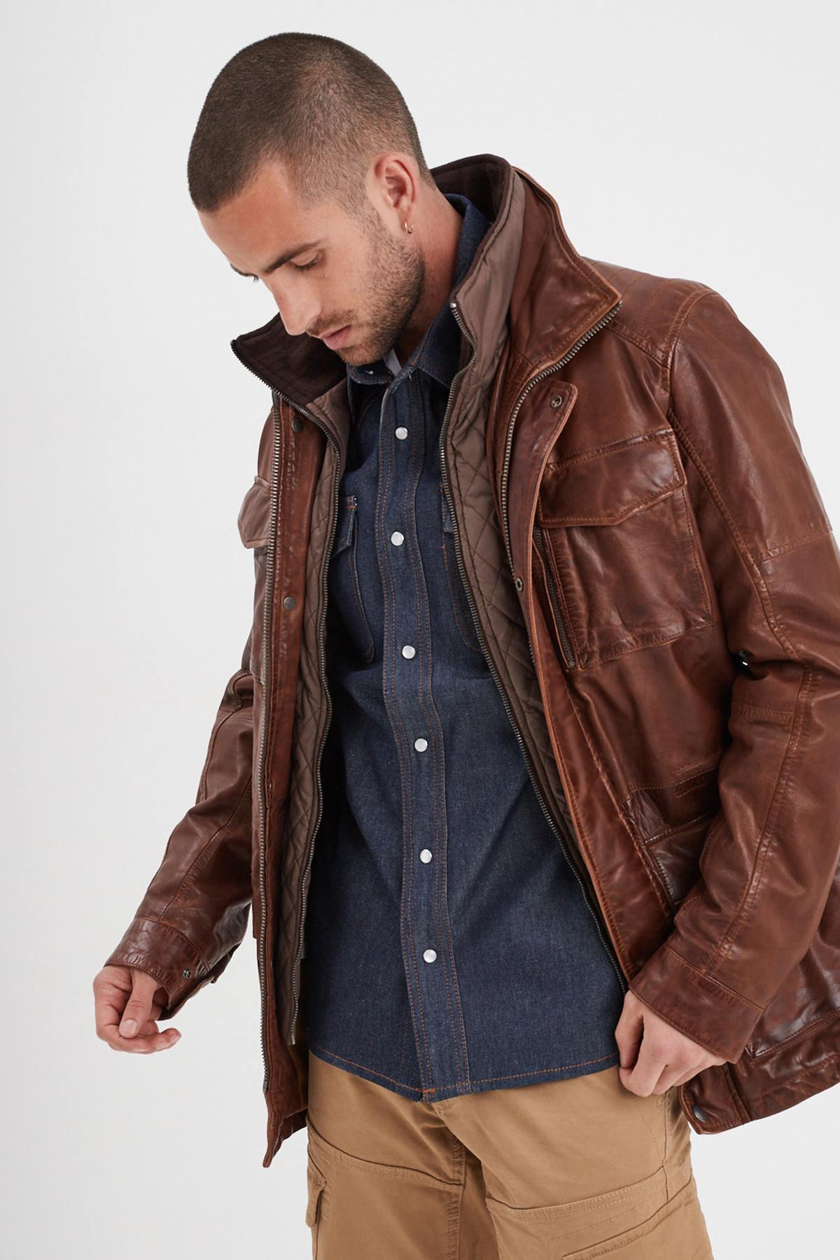 Mid-length lambskin jacket in bison, regular fit for a timeless look. - Image n°2