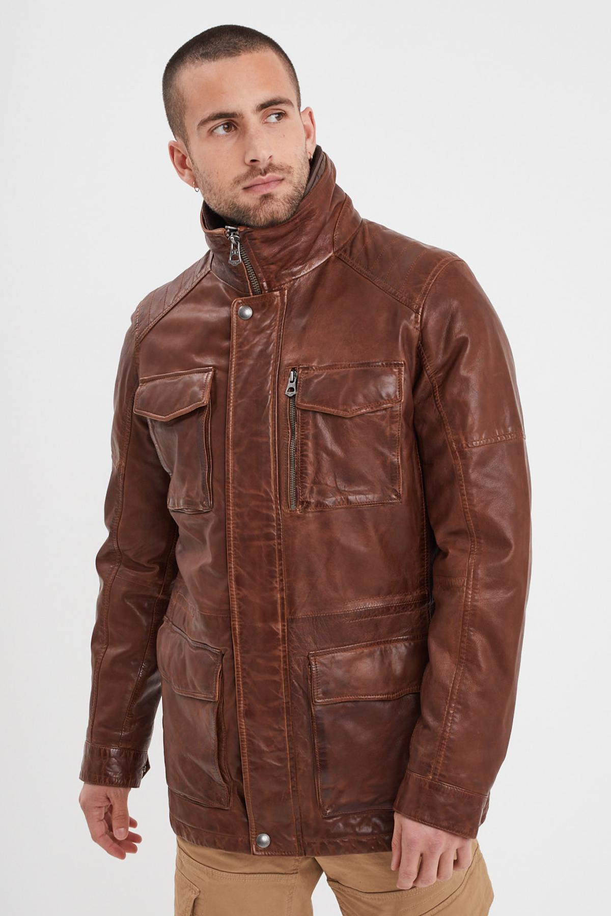 Mid-length lambskin jacket in bison, regular fit for a timeless look. - Image n°1