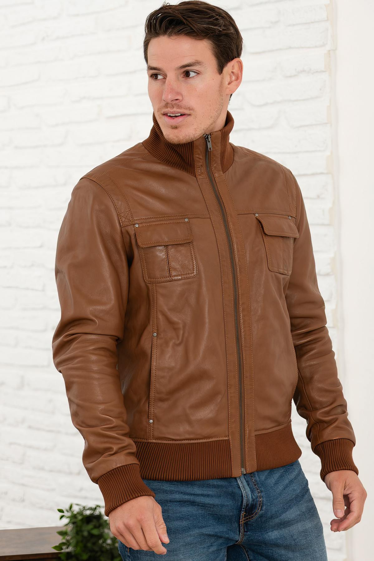 Cognac bomber leather jacket - Image n°1