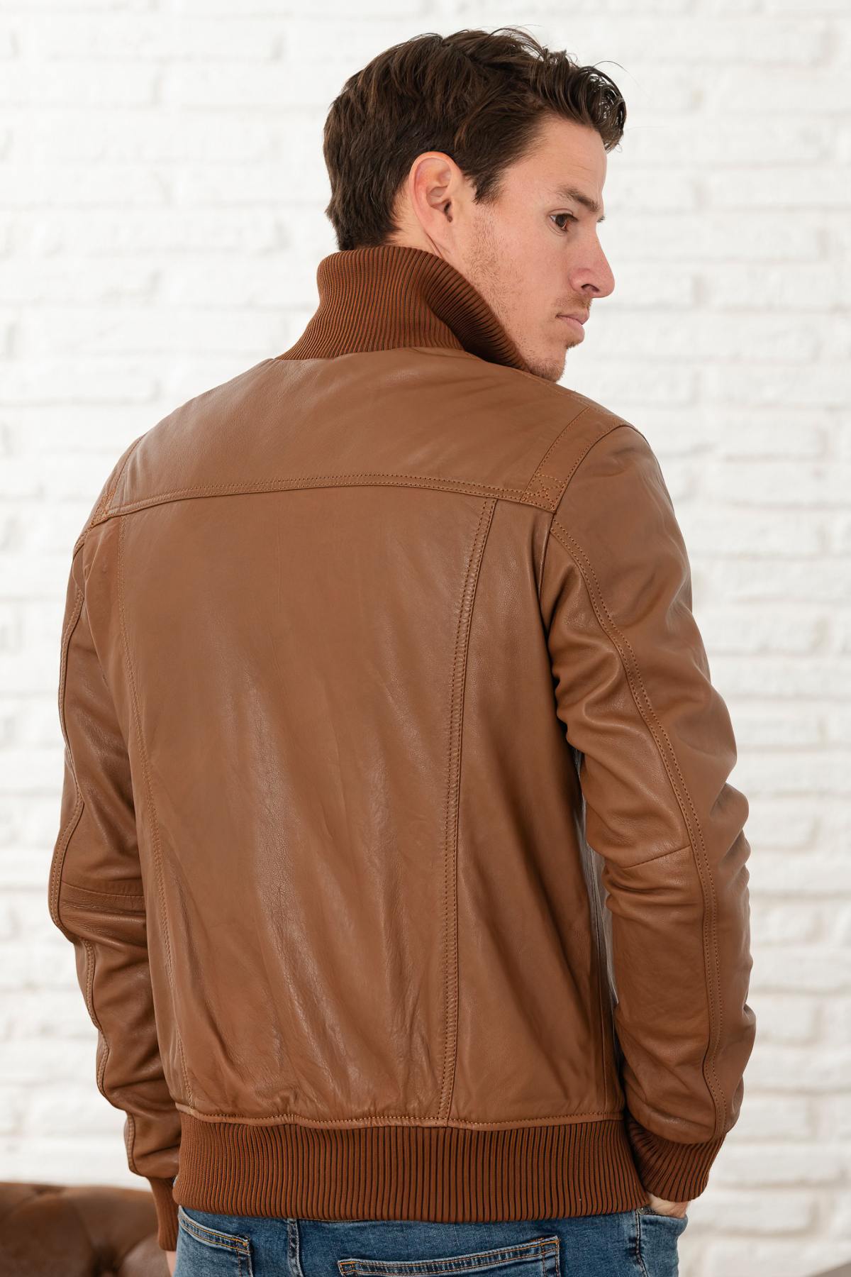 Cognac bomber leather jacket - Image n°3