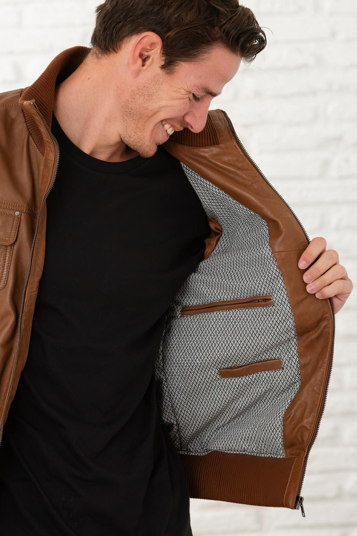 Cognac bomber leather jacket - Image n°6