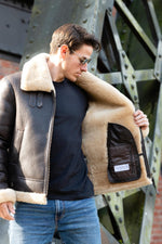 Brown sheepskin aviator bomber, beige shearling-lined with metal zip. - Image n°4