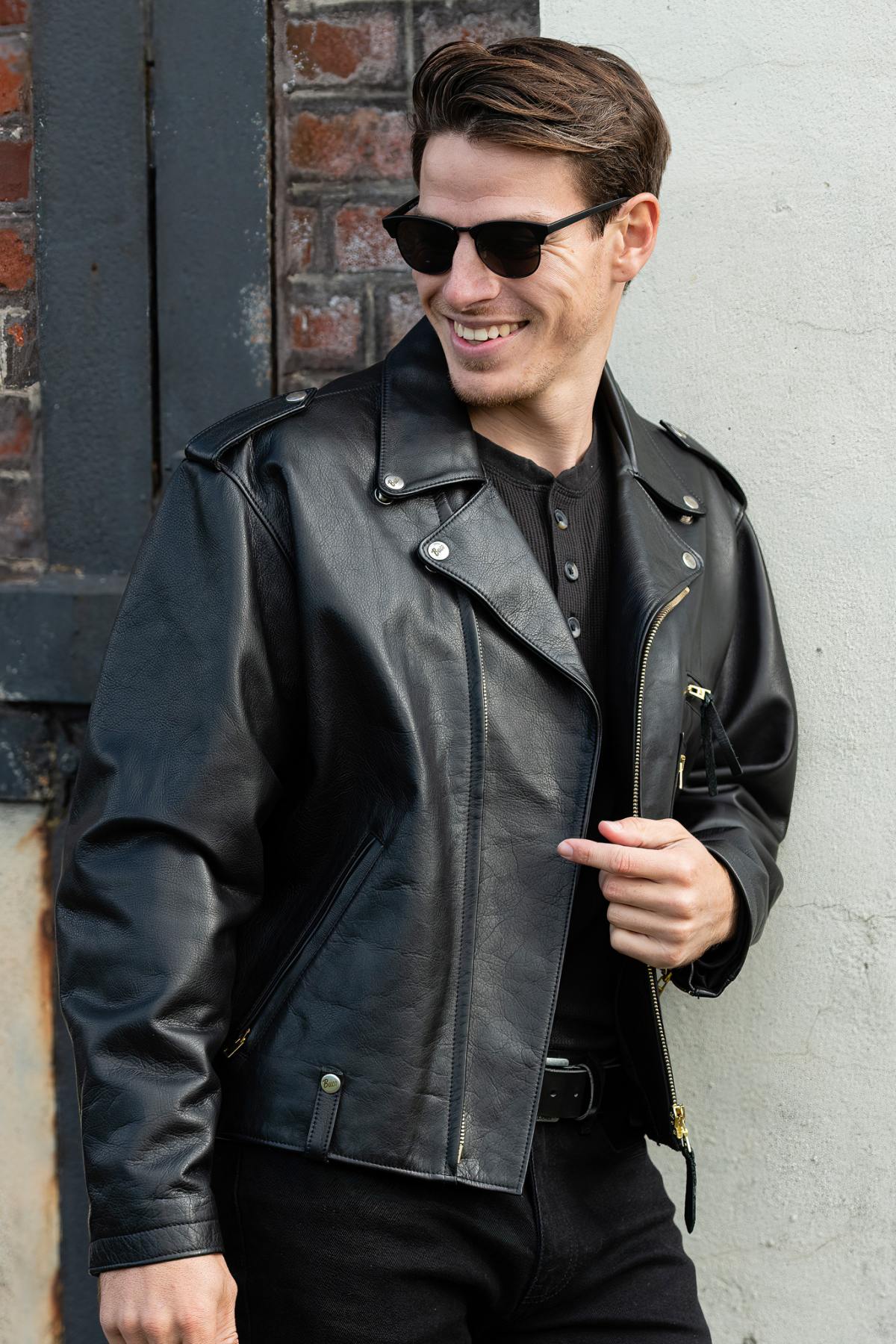 Biker leather jacket with opening for back shell - Image n°2