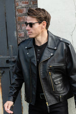 Biker leather jacket with opening for back shell - Image n°5