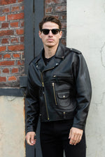 Biker leather jacket with opening for back shell - Image n°7