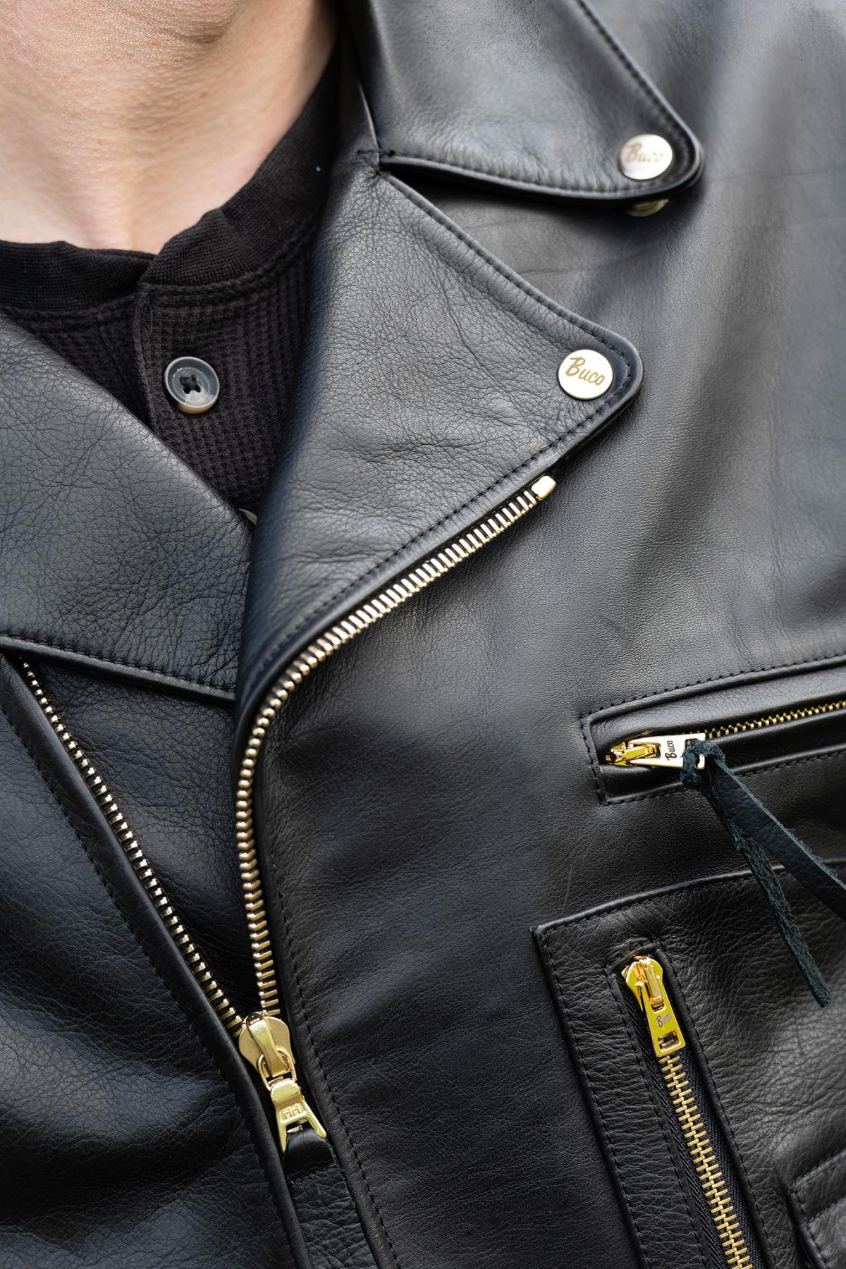 Biker leather jacket with opening for back shell - Image n°6