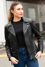 Black leather jacket with asymmetrical collar - Image n°1