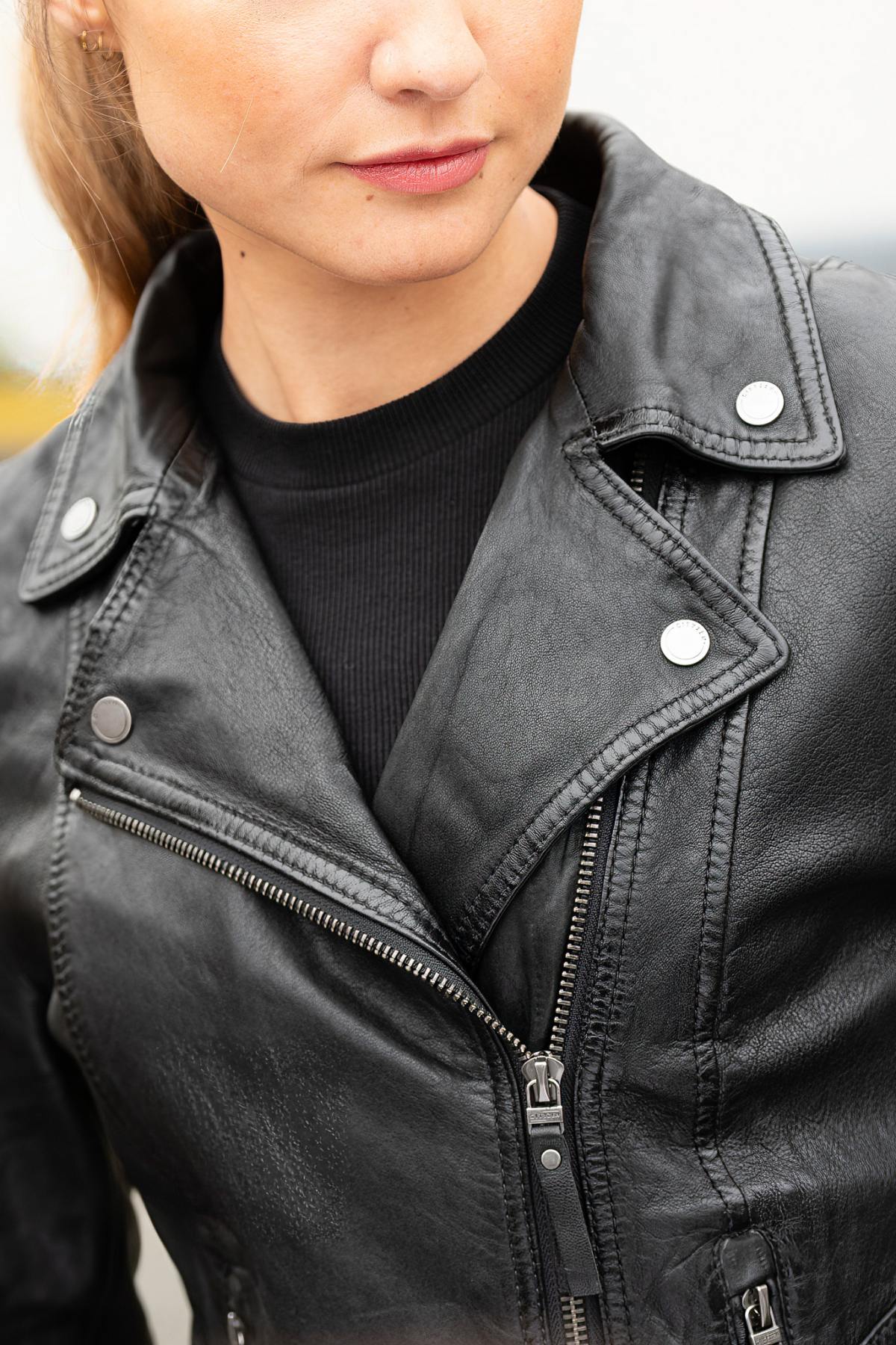 Black leather jacket with asymmetrical collar - Image n°6