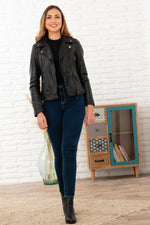 Black asymmetrical collar leather jacket for women - Image n°3