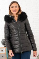 Black sheepskin leather coat, slim-fit for winter, timeless and sleek. - Image n°1