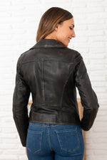 Aged brown sheepskin leather jacket, slim fit, vintage perfecto style. - Image n°3