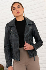 Denim-blue sheepskin perfecto with a slim, rock-inspired cut. - Image n°1