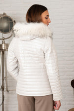 Metallic white leather down jacket with real fur hood - Image n°2