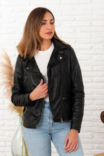 Black asymmetrical collar leather jacket for women - Image n°4